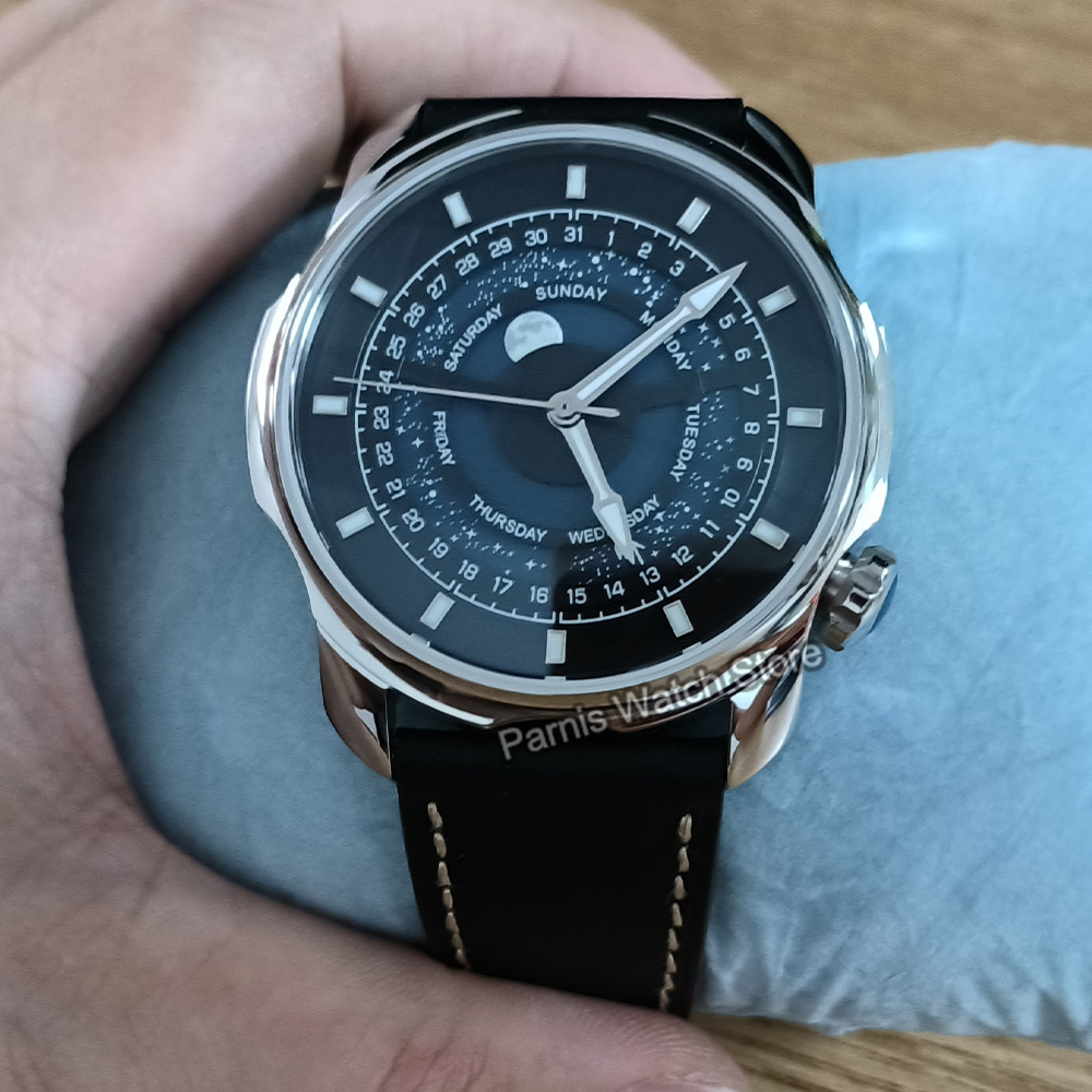 42 mm Parnis blauwe romantisch - Guilloché Dial Watch recensie en prijs